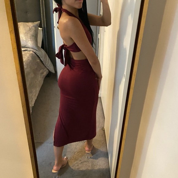 NEW Burgundy Wine Front Cut Out Halter Neck Back Tie Midi Dress - Picture 9 of 10